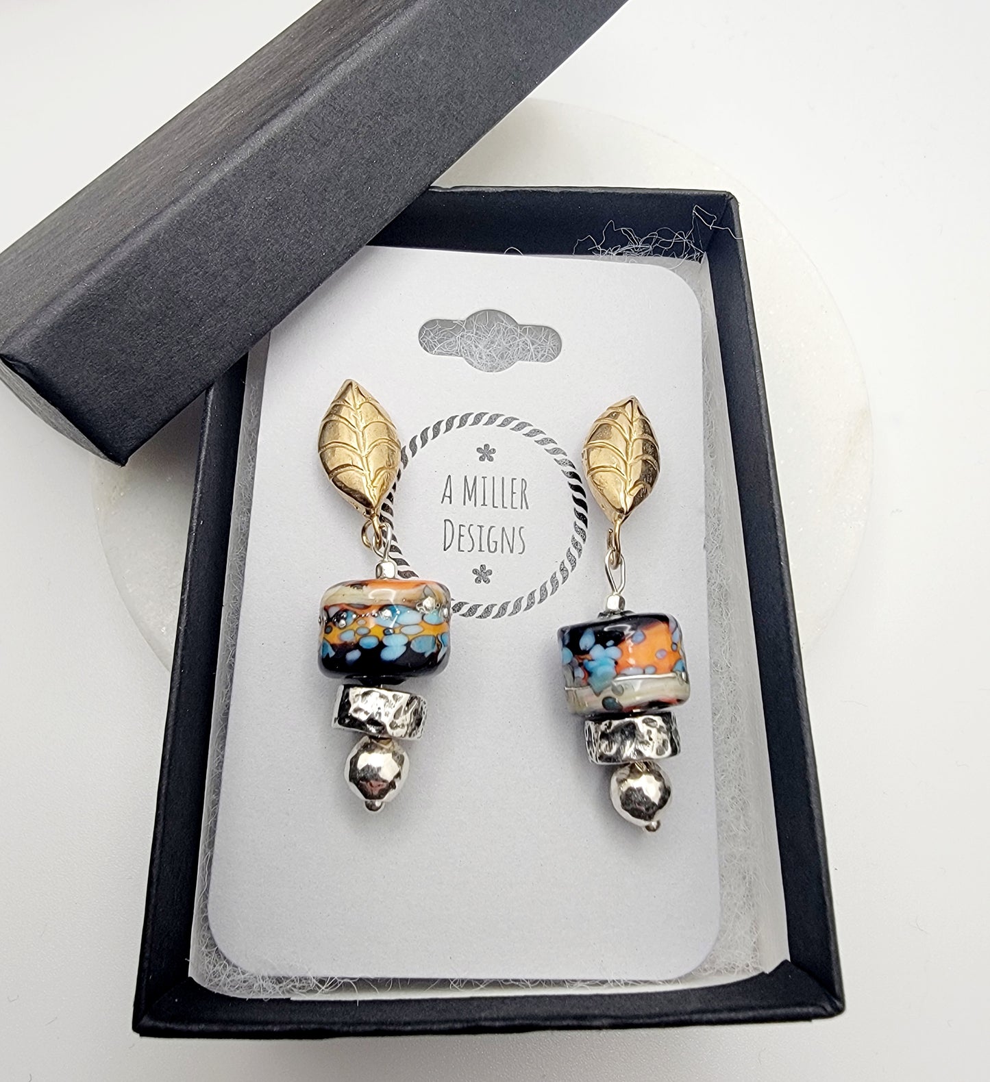 Fall Colors Lampwork and Silver Beads Gold Bronze Post Earrings