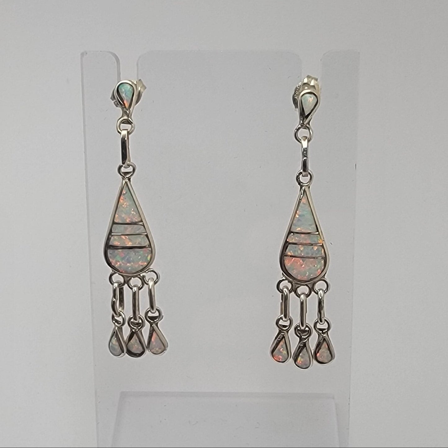 Handcrafted white opal inlay in sterling silver dangle earrings