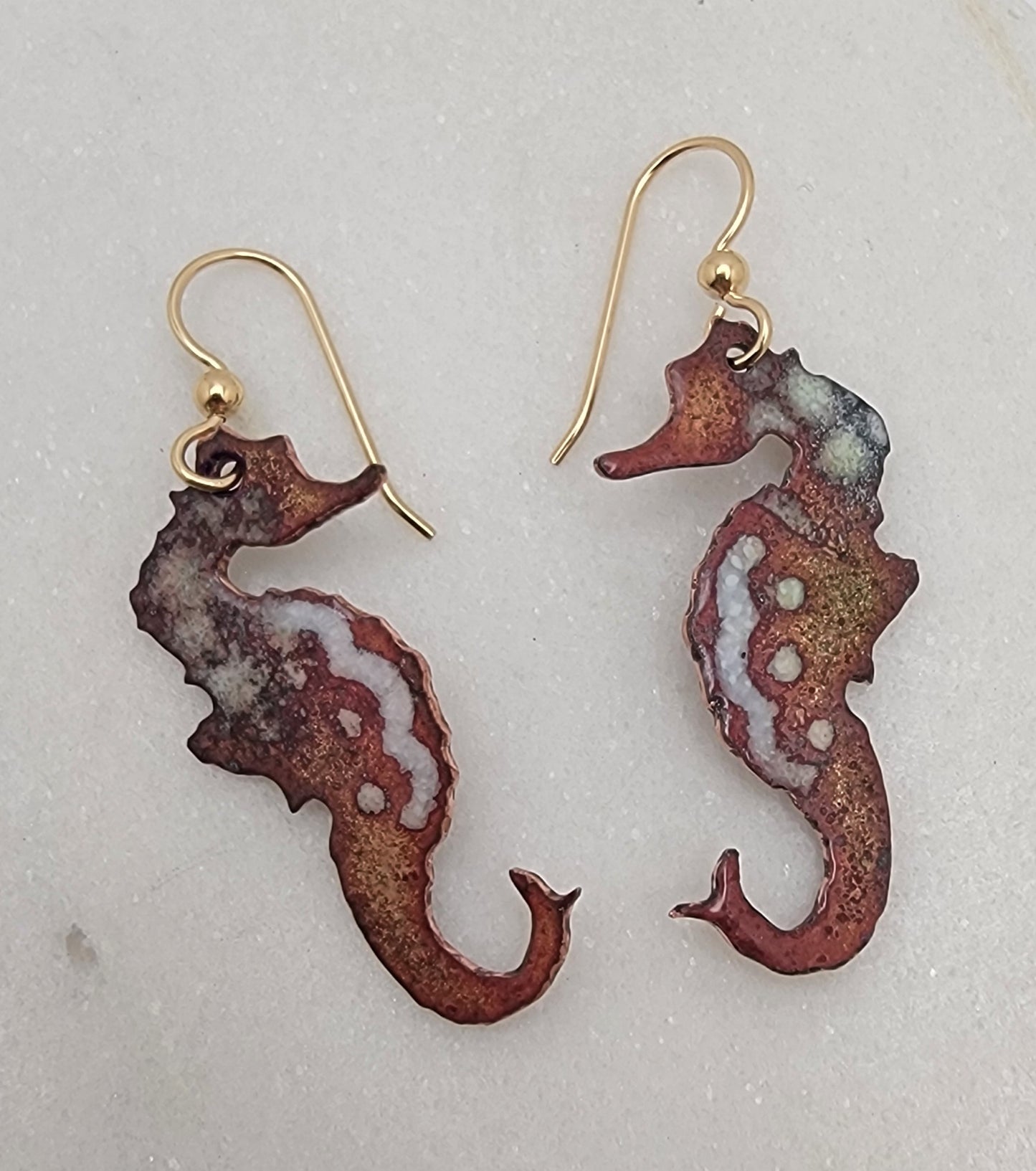 Enameled copper dangle seahorse earrings