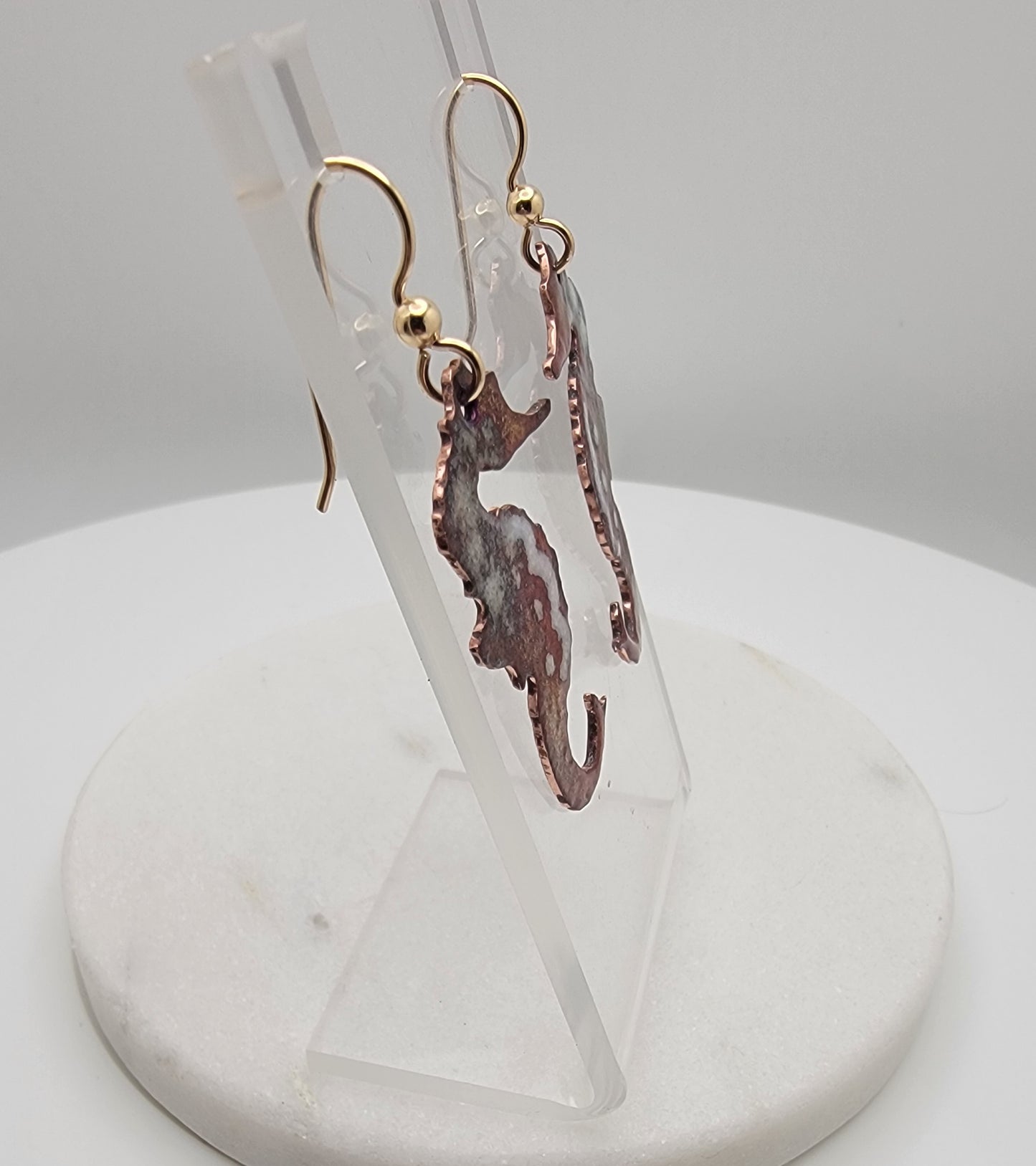 Enameled copper dangle seahorse earrings