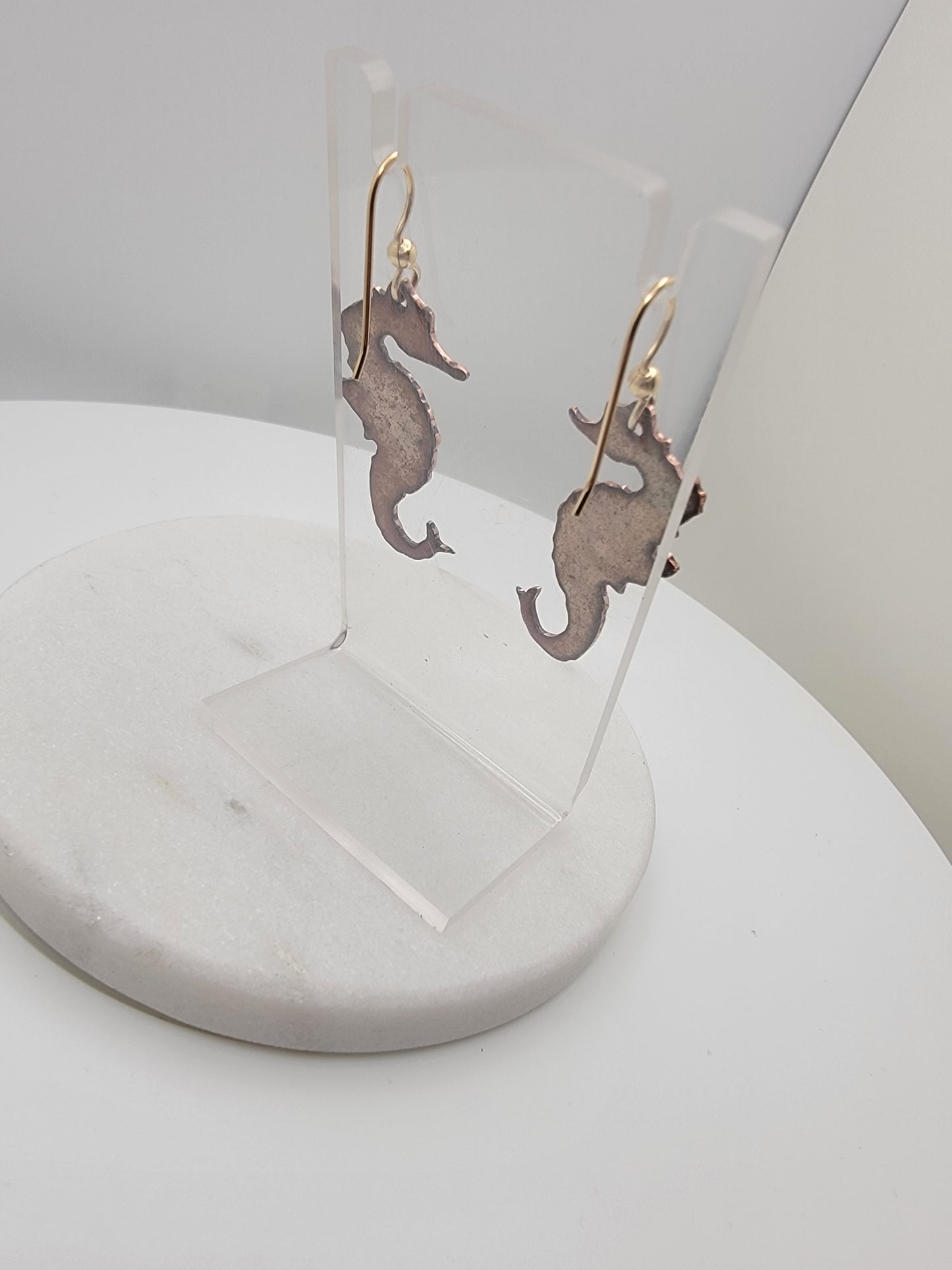 Enameled copper dangle seahorse earrings