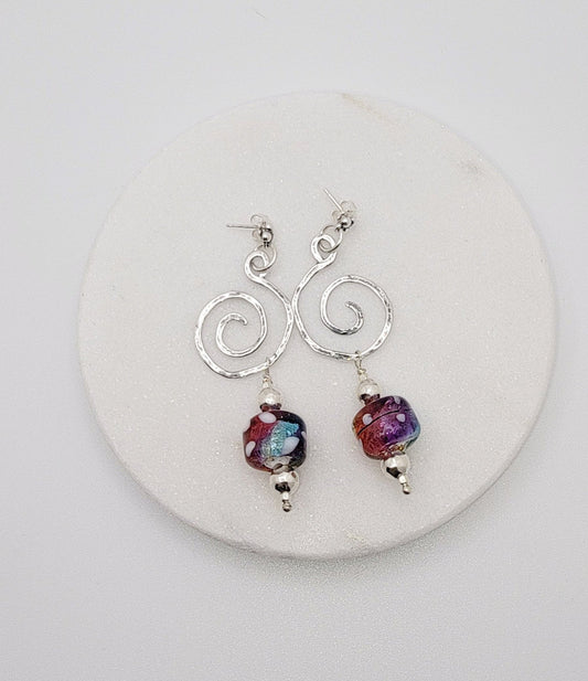 Beautiful Rainbow Lampwork Post Earrings with Silver Swirl Detail and Silver Beads