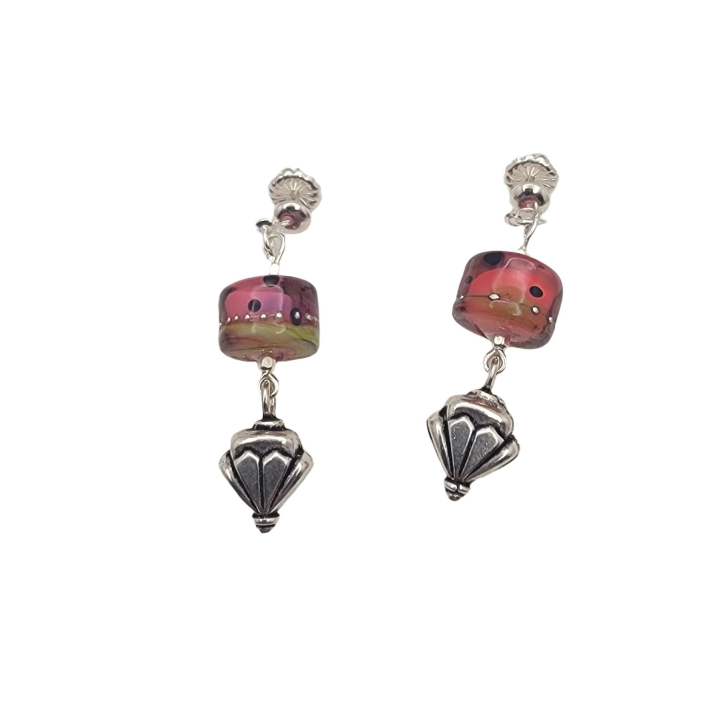 Beautiful Watermelon Lampwork Bead and Silver Earrings