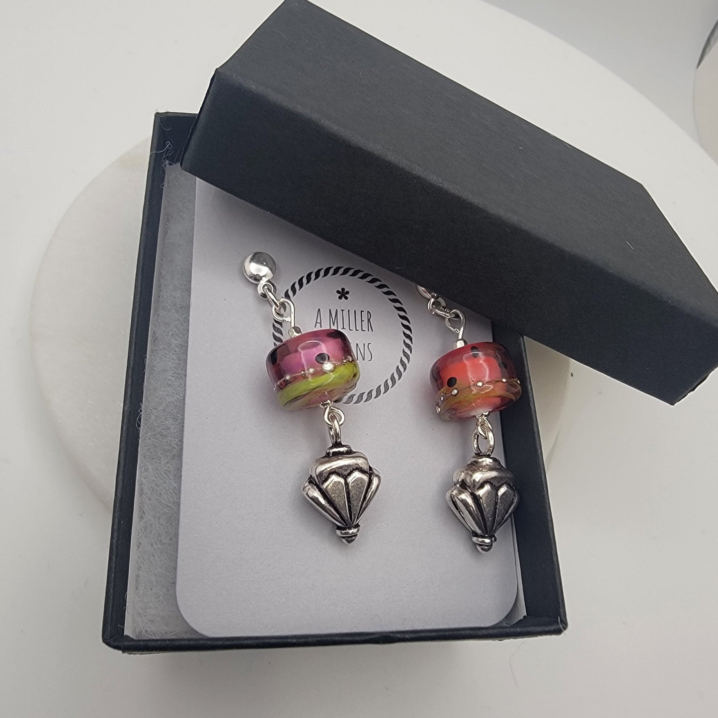 Beautiful Watermelon Lampwork Bead and Silver Earrings