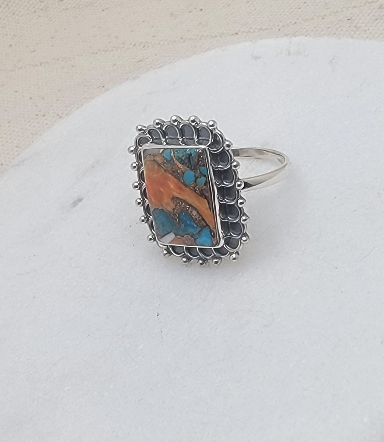 Sterling Silver Bezel-Set Oyster Turquoise Gemstone Ring (11×15 mm) – 2 mm Band Size 10