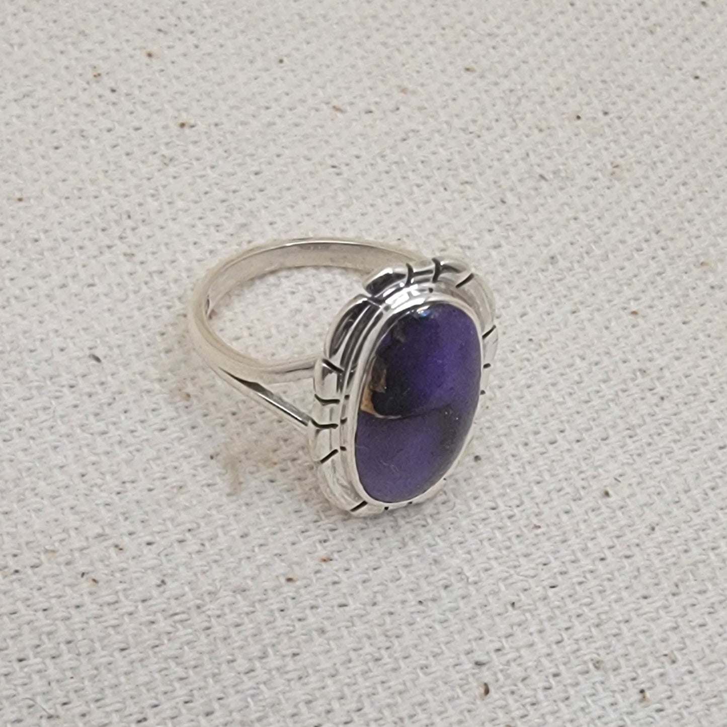 Sterling Silver "Purple Rose Dahlia” Cabochon Ring (9×15 mm) Size 5