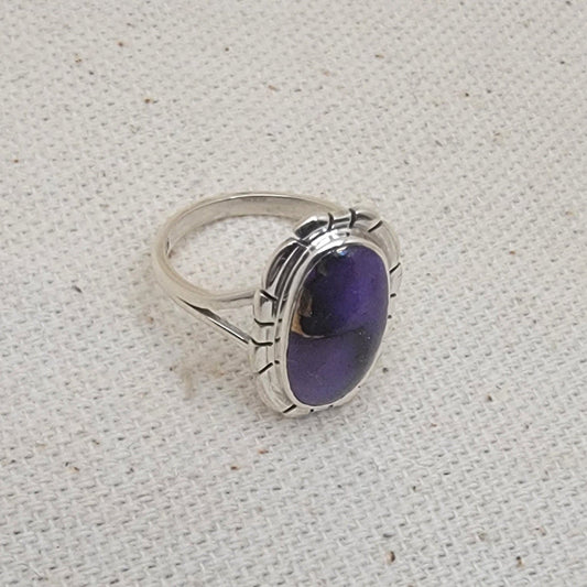 Sterling Silver "Purple Rose Dahlia” Cabochon Ring (9×15 mm) Size 5