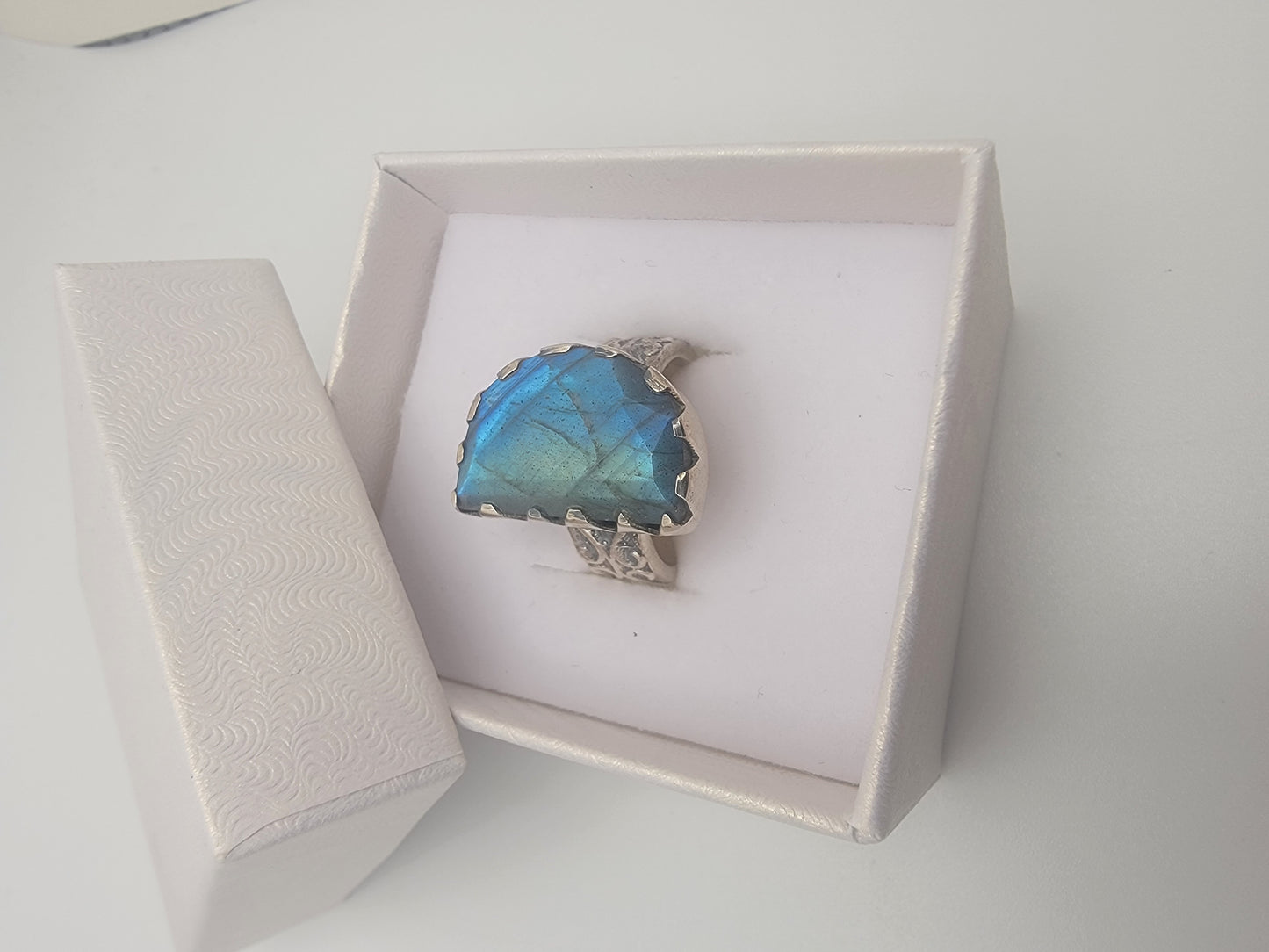 Sterling Silver and Labradorite Half Moon Design Gemstone Ring