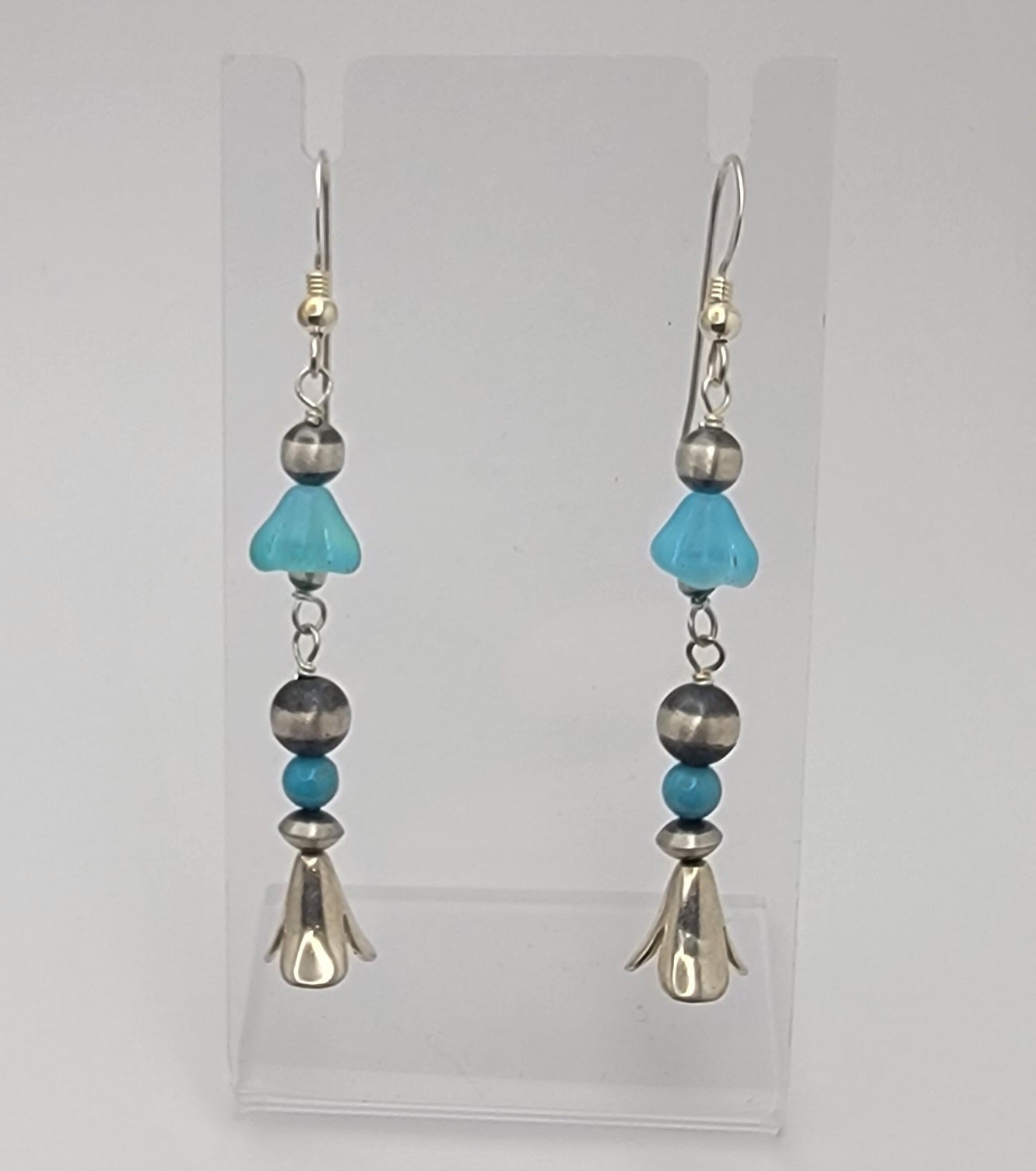 Blue Native American Handcrafted Squash Blossom Dangle Earrings