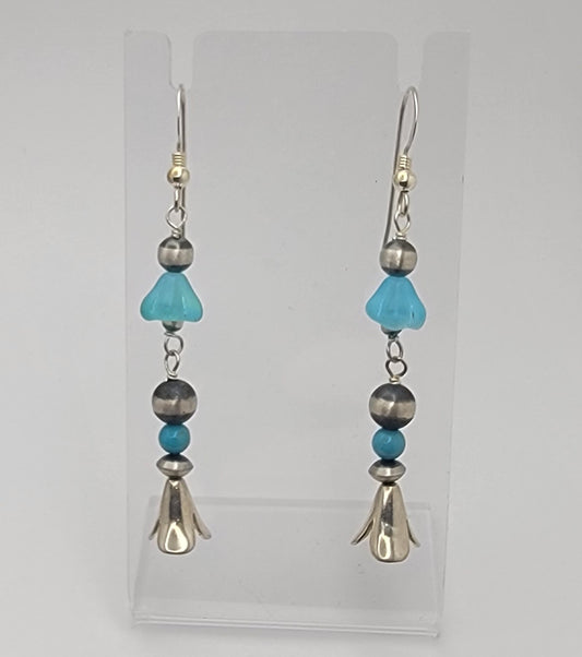 Blue Native American Handcrafted Squash Blossom Dangle Earrings