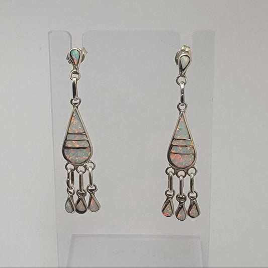 Handcrafted white opal inlay in sterling silver dangle earrings
